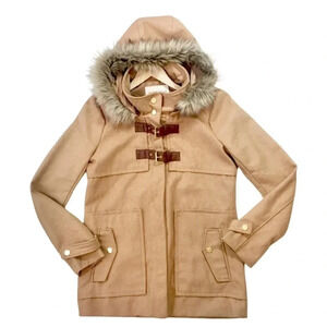 CI SONO Camel Faux Fur Hooded Toggle Full Zip Coat Size Large